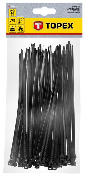 Стяжки для кабелю, 200 мм х 4,8 мм, 75 шт, Topex, Black (44E978) 5614170 фото