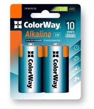 Батарейка D (LR20), щелочная, ColorWay, 2 шт, 1.5V, Blister (CW-BALR20-2BL) 8028360 фото