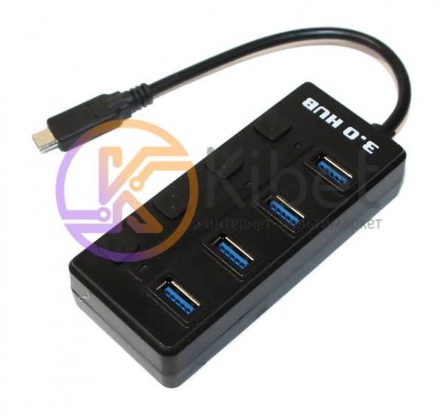 Концентратор Type-C, 4 ports USB 3.0, Black, с кнопкой на каждый порт 5051250 фото
