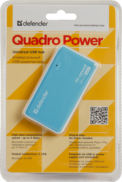 Концентратор USB 2.0 Defender Quadro Power, White/Blue, 4xUSB 2.0, внешний БП (83503) 6162030 фото
