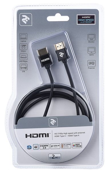 Кабель HDMI - HDMI 2 м 2E Black, V2.0, Ultra Slim (2EW-1119-2M) 6000270 фото