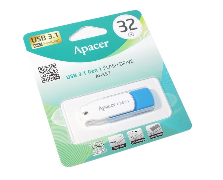 Флеш накопичувач USB 32Gb Apacer AH357, White/Blue, USB 3.2 Gen 1 (AP32GAH357U-1) 4926330 фото