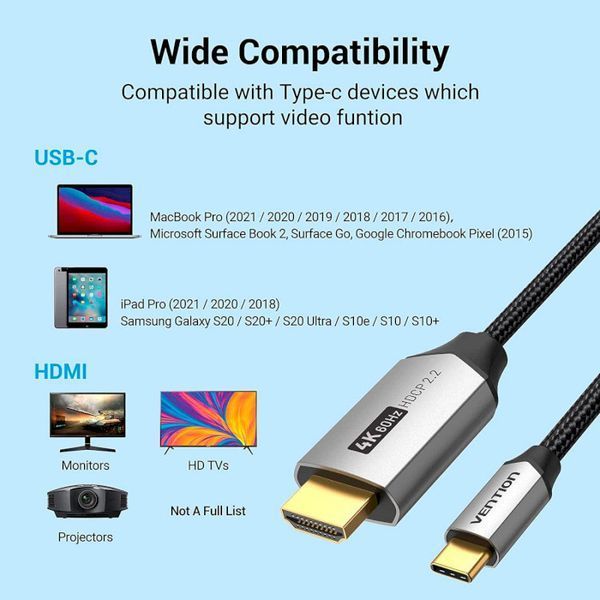 Кабель HDMI (M) - Type-C (M), 1 м, Black, Vention, 4K / 60 Гц (CRBBF) 9365490 фото