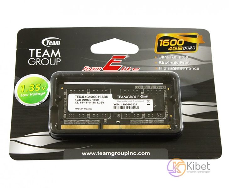 Пам'ять SO-DIMM, DDR3, 4Gb, 1600 MHz, Team, 1.35V (TED3L4G1600C11-S01) 4876710 фото