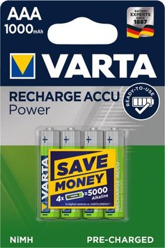 Акумулятор AAA, 1000 mAh, Varta Rechargeable Accu, 4 шт, 1.2V, Blister (05703301404) 5424720 фото