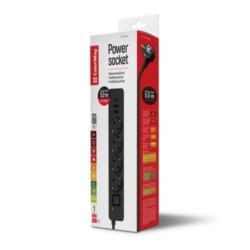 Фільтр мережевий ColorWay, 4 розетки, 5 м, Black, 1xType-C / 2xUSB (CW-CHE435PDB) 8634900 фото