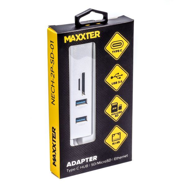 Адаптер Maxxter, Grey, USB Type-С (M) - 2*USB 3.0 (F) / RJ-45 (F) Gigabit Ethernet, метал (NECH-2P-SD-01) 6629550 фото