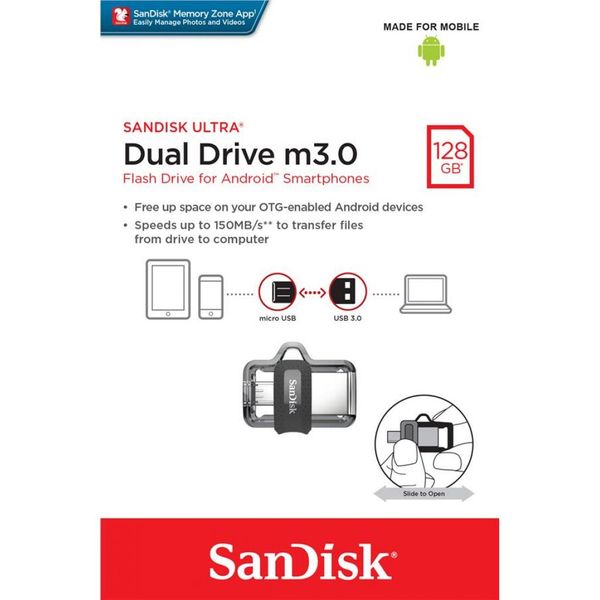 Флеш накопитель USB 128Gb SanDisk Ultra Dual m3.0, Black, microUSB / USB 3.0 (SDDD3-128G-G46) 5629260 фото