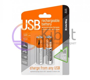 Акумулятор AAA-micro USB, 400 mAh, ColorWay, 2 шт, 1.5V (CW-UBAAA-01) 4995060 фото