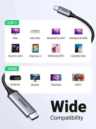 Кабель HDMI (M) - Type-C (M), 1.5 м, Black, Ugreen MM142, 4K / 60 Гц (50570) 9732870 фото