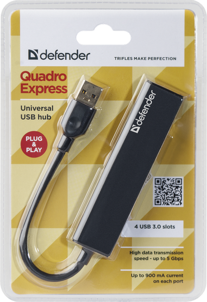 Концентратор USB 3.0 Defender Quadro Express, 4 порти, чорний 5142150 фото