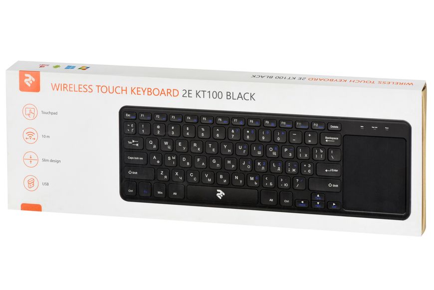 Клавіатура бездротова 2E KT100, Black, з вбудованим тачпадом, USB, до 10 м, 2xAAA (2E-KT100WB) 5419350 фото