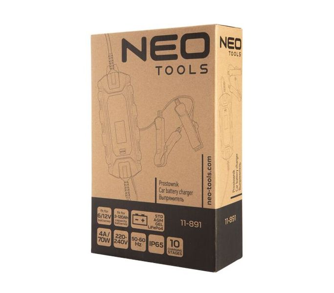 Зарядний пристрій Neo Tools, 4А/70Вт, 3-120Ач, для STD/AGM/GEL/LiFePO4 акумуляторів 7864500 фото