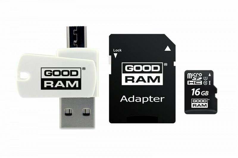 Карта памяти microSDHC, 16Gb, Goodram M1A4, SD адаптер + OTG картридер (M1A4-0160R12) 5669310 фото