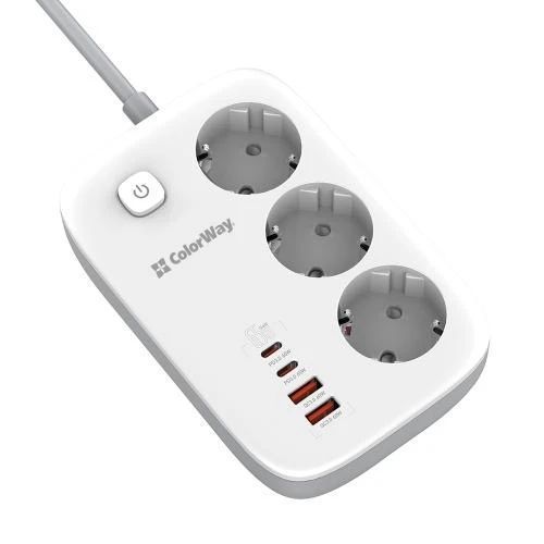 Фільтр мережевий ColorWay GaN3 Pro, 3 розетки, 2 м, White, 2xType-C / 2xUSB (CW-CHE34PDW) 8442750 фото