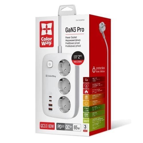Фільтр мережевий ColorWay GaN3 Pro, 3 розетки, 2 м, White, 2xType-C / 2xUSB (CW-CHE34PDW) 8442750 фото