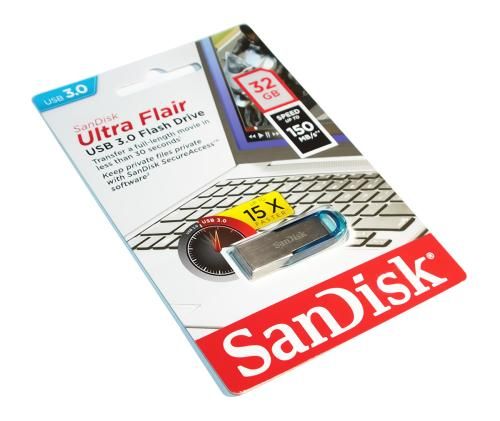 Флеш накопичувач USB 32Gb SanDisk Ultra Flair, Silver/Blue, USB 3.0 (SDCZ73-032G-G46B) 4726860 фото