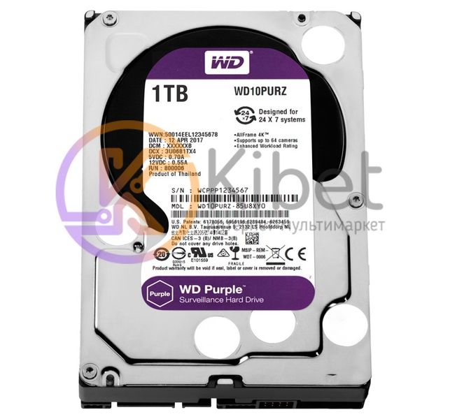 Жесткий диск 3.5' 1Tb Western Digital Purple, SATA3, 64Mb, 5400 rpm (WD10PURZ) 4458780 фото
