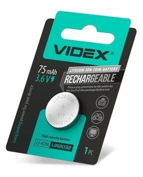 Батарейка LIR2032, литиевая, Videx, 1 шт, 3.6V, Blister 8434110 фото