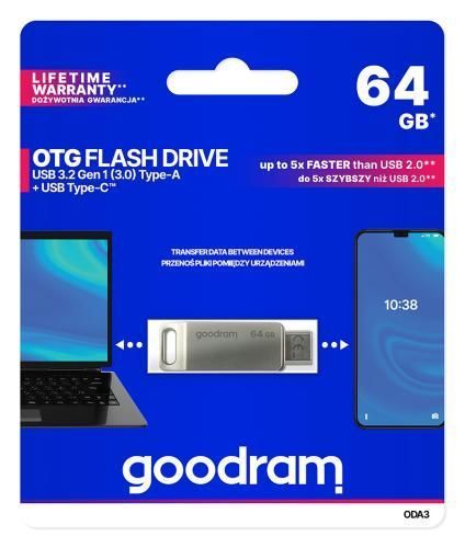 Флеш накопитель USB 64Gb Goodram ODA3, Silver, Type-C / USB 3.2 Gen 1 (ODA3-0640S0R11) 7414140 фото