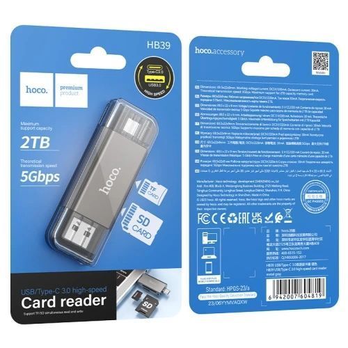 Кардридер USB HOCO HB39, Black, Type-C / USB 3.0 9564660 фото