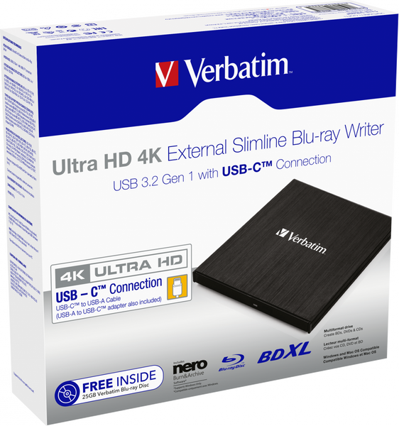 Зовнішній оптичний привід Verbatim 4K UltraHD, BD-RE, USB3.2 Type-C, Black (43888) 6693240 фото