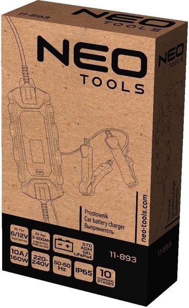 Зарядное устр-во Neo Tools, 10А/160Вт, 3-200Ач, для STD/AGM/GEL/LiFePO4 аккумуляторов 7777440 фото