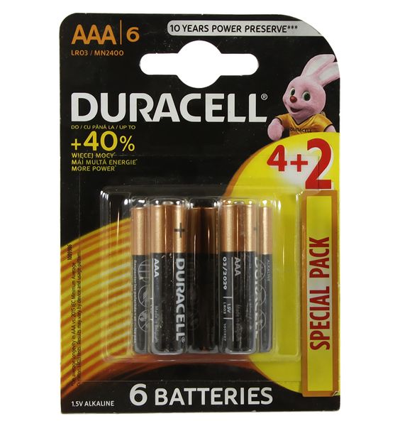 Батарейка AAA (LR03), щелочная, Duracell Duralock Basic, 6 шт, 1.5V, (MN2400 6BL) 5663910 фото