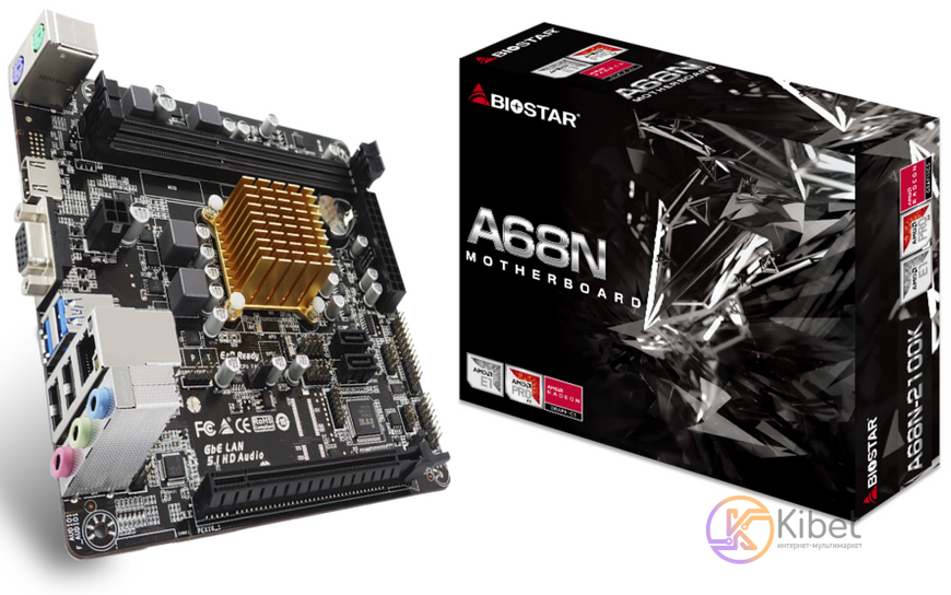 Мат.плата з процесором Biostar A68N-2100K, AMD E1-6010 (2x1.35 GHz), 2xDDR3, Radeon R2, 2xSATA3, 1xPCI-E 16x 2.0, ALC887, RTL8111H, 2xUSB3.2/6xUSB2.0, VGA/HDMI, Mini-ITX 6134880 фото