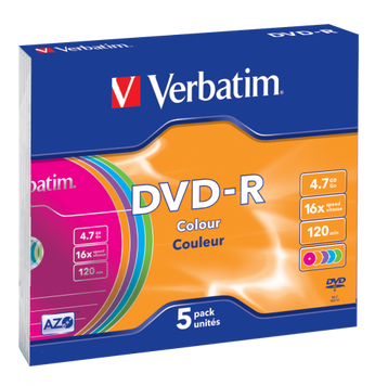 Диск DVD-R Slim Verbatim, 4.7Gb, 16x, Colour, 5 шт, Slim Case (43557) 6041520 фото