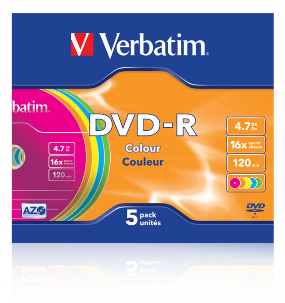 Диск DVD-R Slim Verbatim, 4.7Gb, 16x, Colour, 5 шт, Slim Case (43557) 6041520 фото