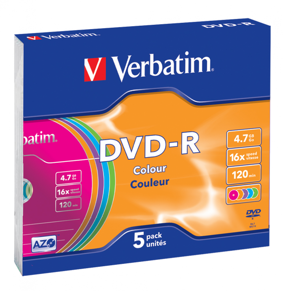 Диск DVD-R Slim Verbatim, 4.7Gb, 16x, Colour, 5 шт, Slim Case (43557) 6041520 фото