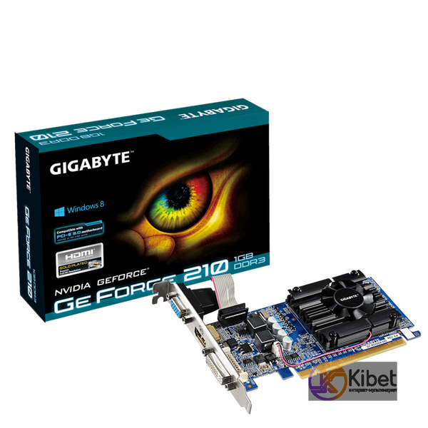 Видеокарта GeForce 210, Gigabyte, 1Gb DDR3, 64-bit, VGA DVI HDMI, 520 1200MHz (G 1010760 фото