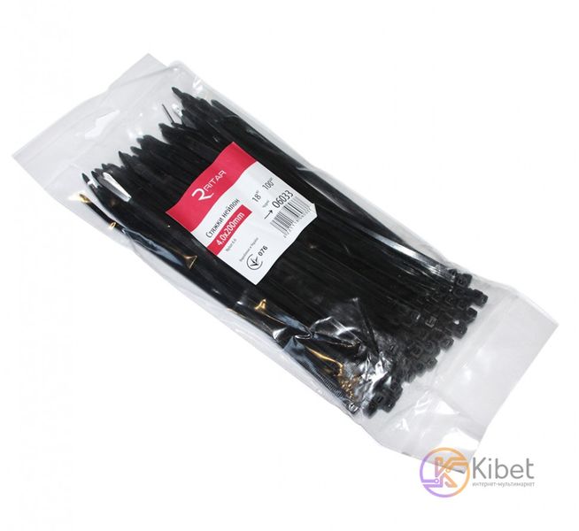 Стяжки для кабеля, 200 мм х 4,0 мм, 100 шт, Black, Ritar (CTR-B4200) 5079630 фото