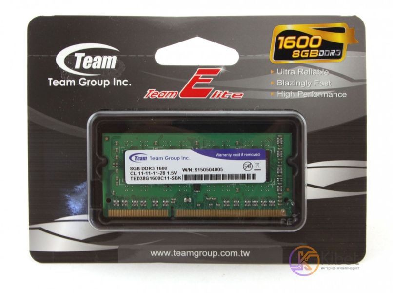 Пам'ять SO-DIMM, DDR3, 8Gb, 1600 MHz, Team Elite, 1.5V (TED38G1600C11-S01) 3522690 фото