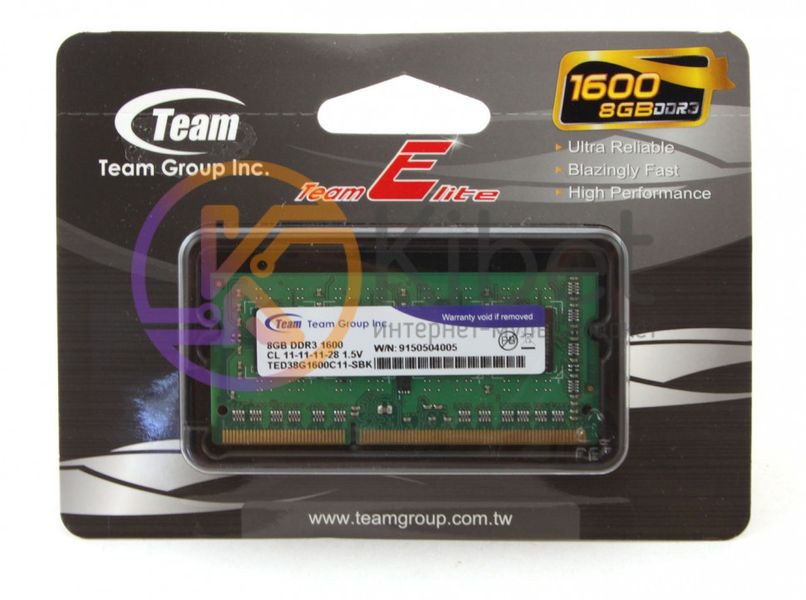 Пам'ять SO-DIMM, DDR3, 8Gb, 1600 MHz, Team Elite, 1.5V (TED38G1600C11-S01) 3522690 фото