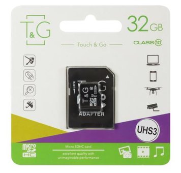 Карта пам'яті microSDHC, 32Gb, T&G, SD адаптер (TG-32GBSD10U3-01) 6078630 фото