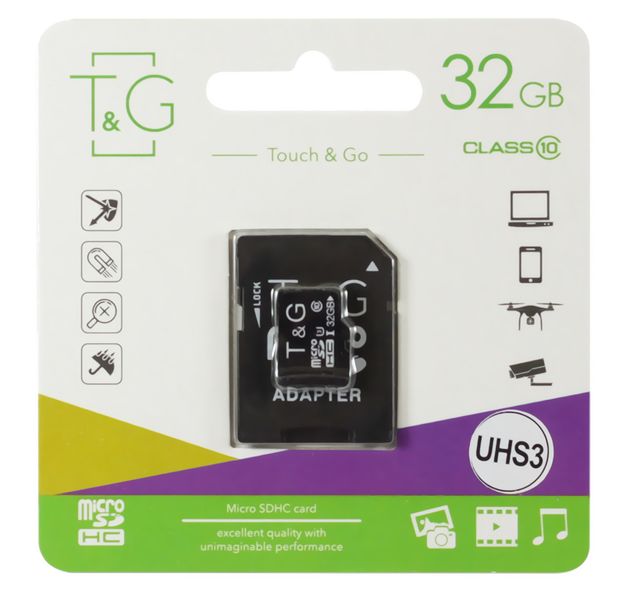 Карта пам'яті microSDHC, 32Gb, T&G, SD адаптер (TG-32GBSD10U3-01) 6078630 фото