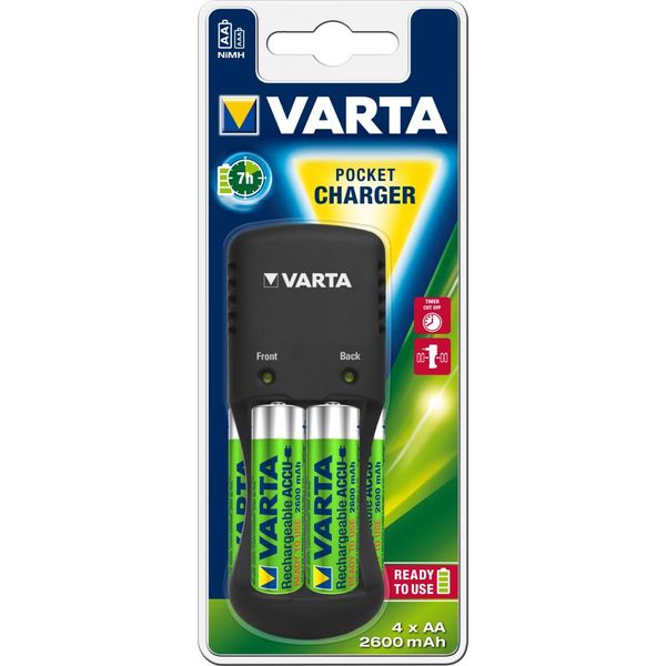 Зарядное устр-во Varta Pocket Charger + 4AA 2600 mAh, Black (57642101471) 5730840 фото