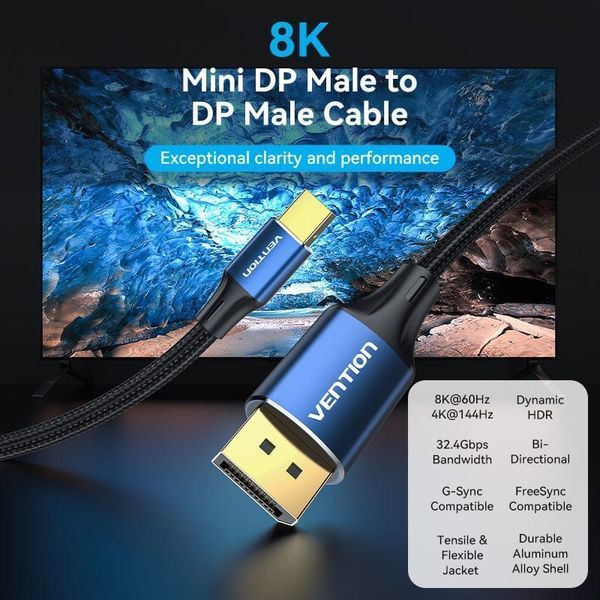 Кабель DisplayPort (M) - mini DisplayPort (M), 2 м, Black, Vention, 8K / 60 Гц, 32.4Gbps (HCFLH) 9394230 фото