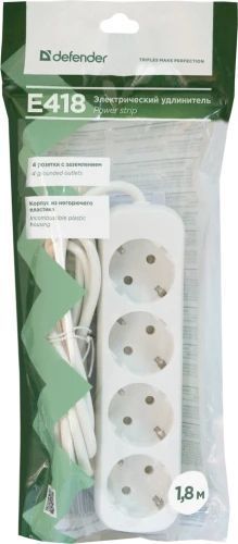 Подовжувач мережевий Defender E418, 4 розетки, 1.8 м, White (99225) 6146970 фото