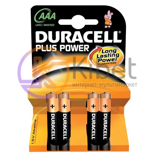 Батарейки AAA, Duracell, лужні, 4 шт, 1.5V, Blister 3443010 фото