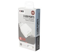 Сетевое зарядное устройство EMY, White, 3xUSB, 3.1A, кабель USB - microUSB (MY