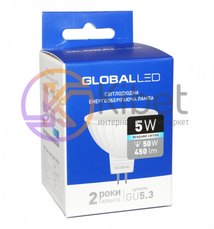 Лампа светодиодная GU5.3, 5W, 4100K, MR16, Global, 450 lm, 220V (1-GBL-114)