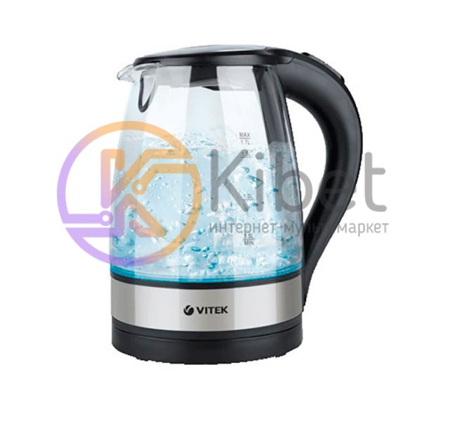 Чайник Vitek VT-7008 Black 2200W, 1.7 л, дисковый, стекло, индикатор работы, инд