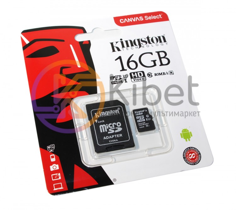 Карта памяти microSDHC, 16Gb, Class10 UHS-I, Kingston Canvas Select, (R-80MB s),