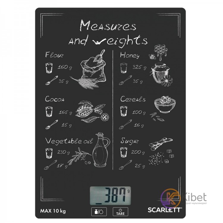 Весы кухонные Scarlett SC-KS57P64, стекло, максимальный вес 10кг, цена деления 1