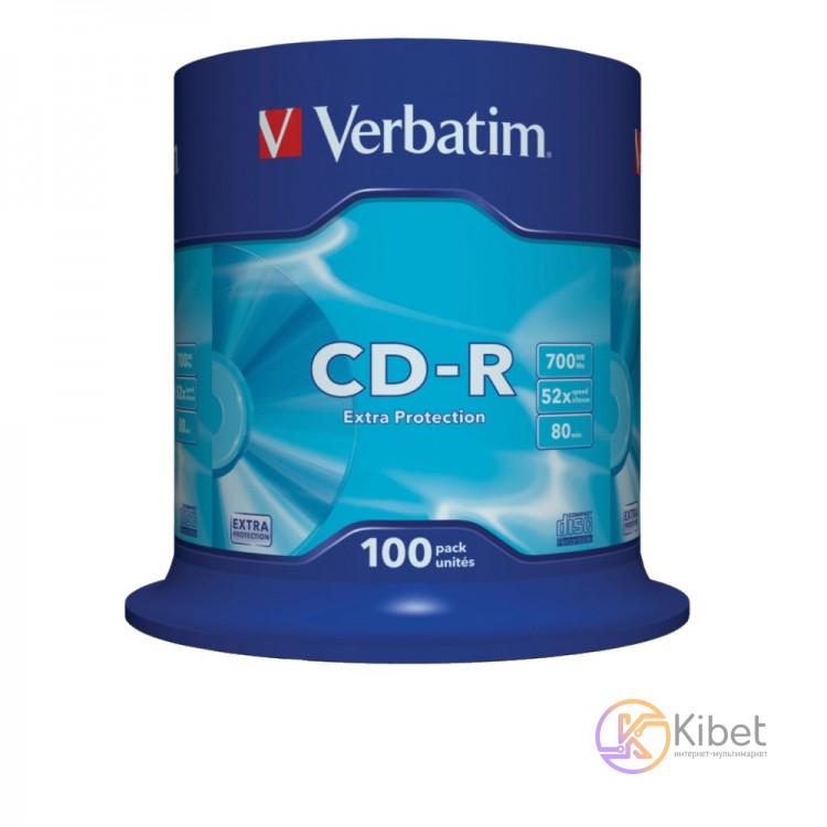 Диск CD-R 100 Verbatim, 700Mb, 52x, Extra, Cake Box (43411)