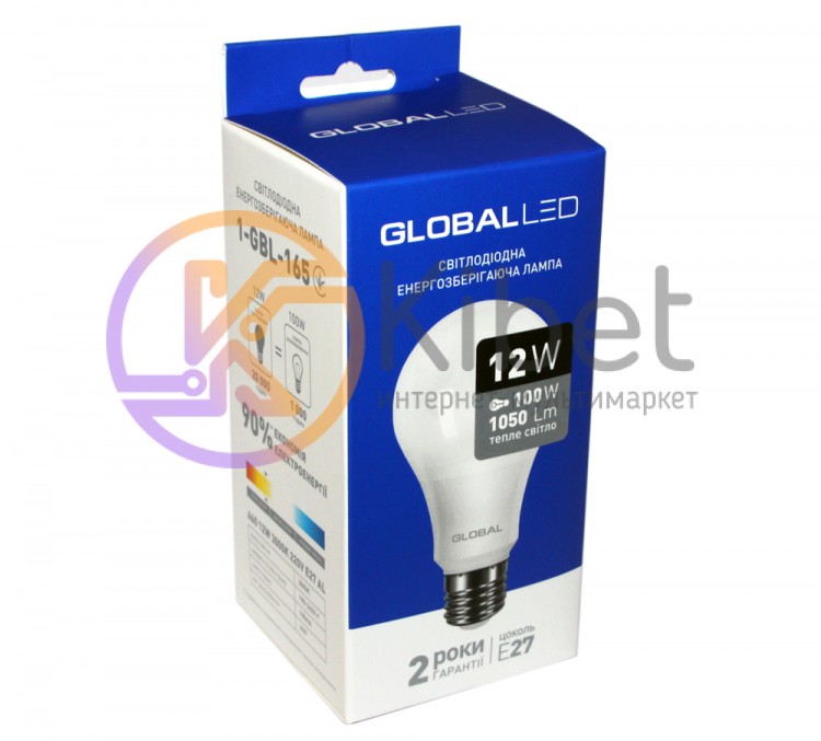 Лампа светодиодная E27, 12W, 3000K, A60, Global, 1050 lm, 220V (1-GBL-165)