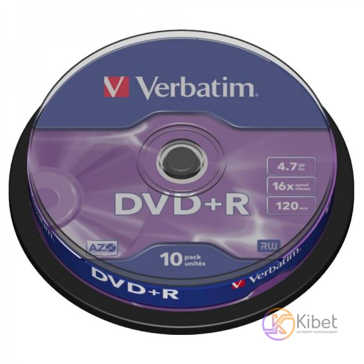 Диск DVD+R 10 Verbatim, 4.7Gb, 16x, Matt Silver, Cake Box (43498)